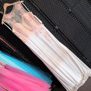 Rachel Allan Pink Appliqué Illusion Bodice Maxi Dress